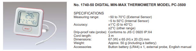 Sato PC-3500 digital min/max thermometer specification reference